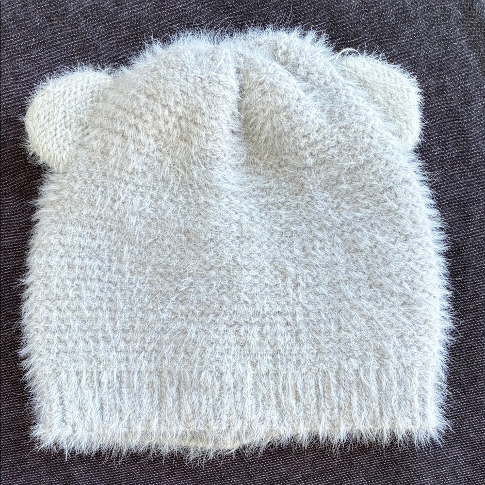 Cozy Fuzzy Knit Beanie with Ear Detail - Light Gray